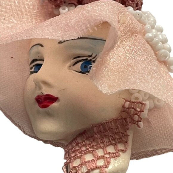 Vintage Handmade Victorian Style Lady Face Brooch Pin With Pink Hat u Beads - Picture 2 of 3